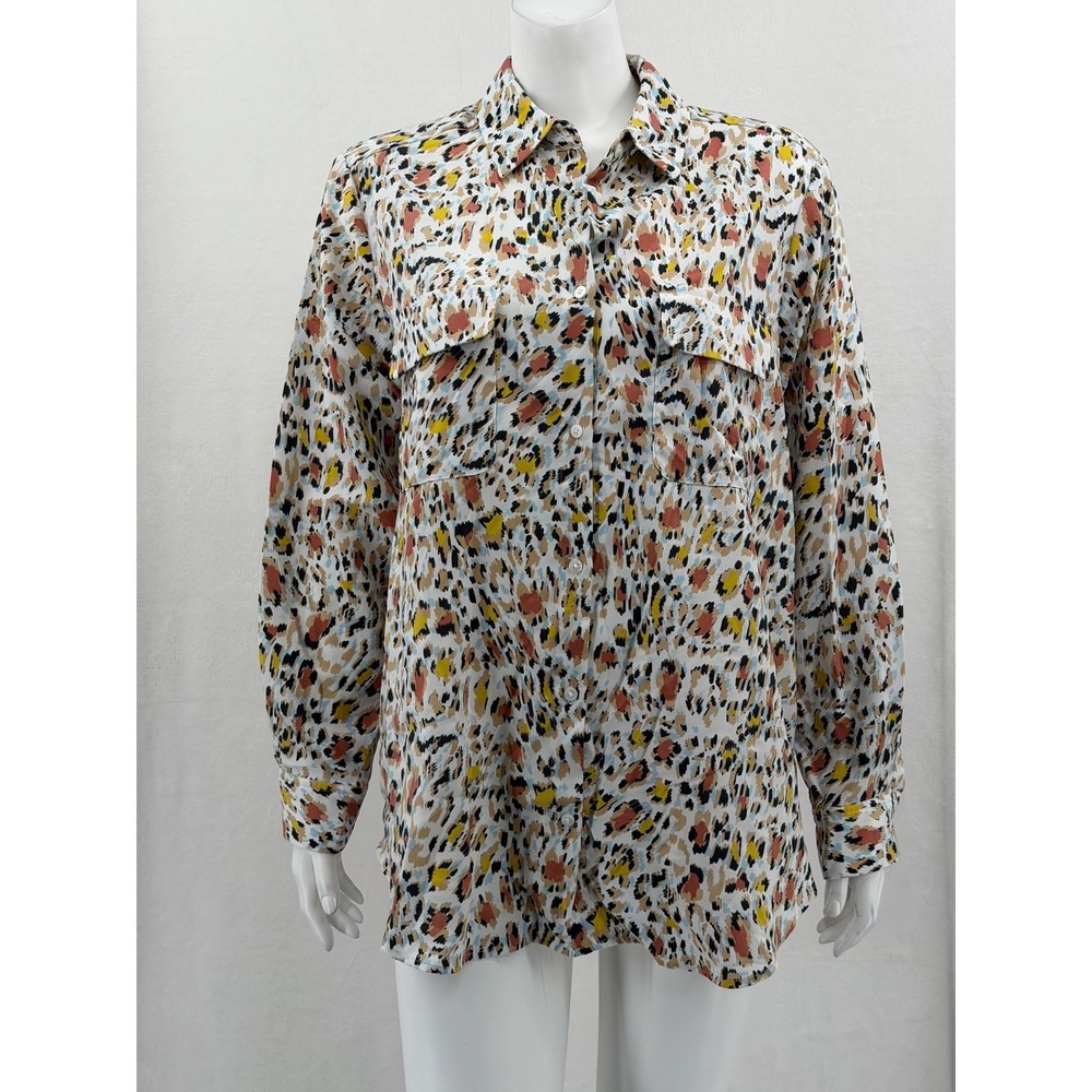 Madison Curvy Top Womens 1X Tan White Animal Print Sheer Button Up Office Preppy